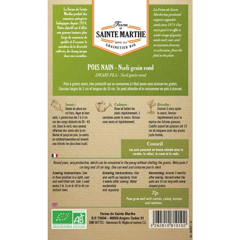 Semences bio - 81010--BOITE--POIS-Nain-Norli-Grain-Rond-Mangetout--VERSO - Ferme de Sainte Marthe