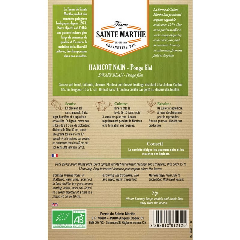 Semences bio - 81212--BOITE--HARICOT-Nain-Pongo-Filet-Mangetout--VERSO - Ferme de Sainte Marthe