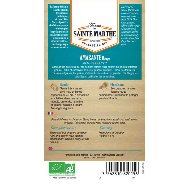 Semences bio - 82015--SACHET--AMARANTE-Rouge--VERSO - Ferme de Sainte Marthe