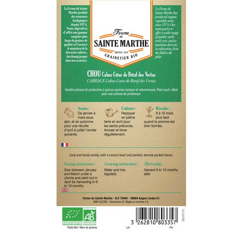 Semences bio - 80335--SACHET--CHOU-Cabus-Cœur-de-Bœuf-des-Vertus--VERSO - Ferme de Sainte Marthe