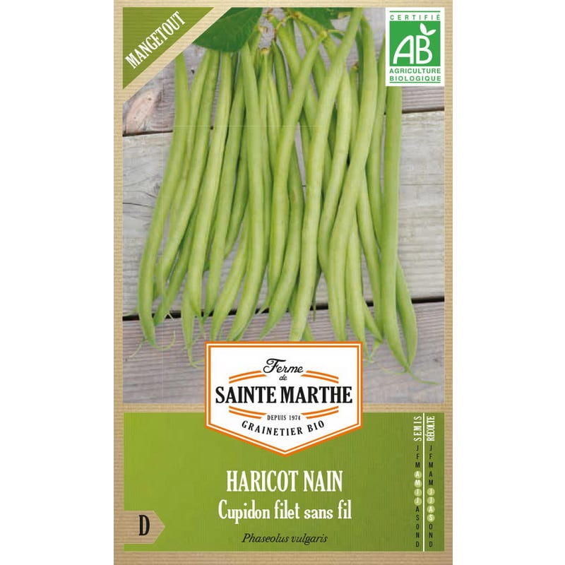 Semences bio - 81205--BOITE--HARICOT-Nain-Cupidon-Filet-Sans-Fil-Mangetout--RECTO - Ferme de Sainte Marthe