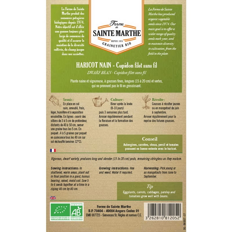 Semences bio - 81205--BOITE--HARICOT-Nain-Cupidon-Filet-Sans-Fil-Mangetout--VERSO - Ferme de Sainte Marthe