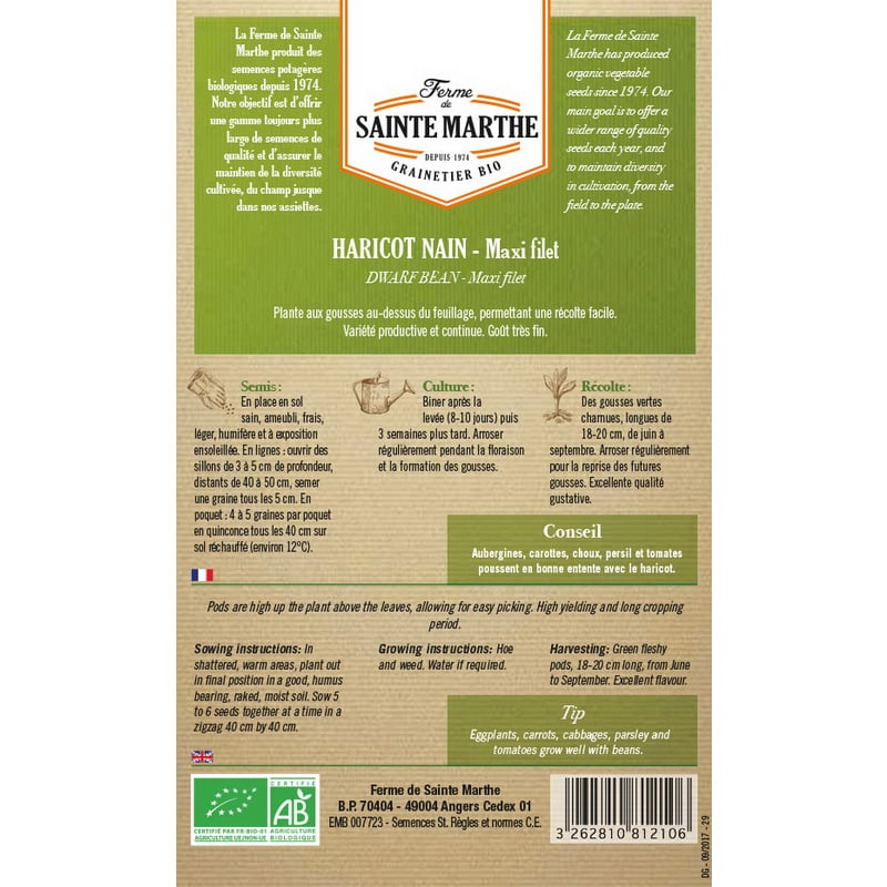 Semences bio - 81210--BOITE--HARICOT-Nain-Maxi-Filet-Mangetout--VERSO - Ferme de Sainte Marthe