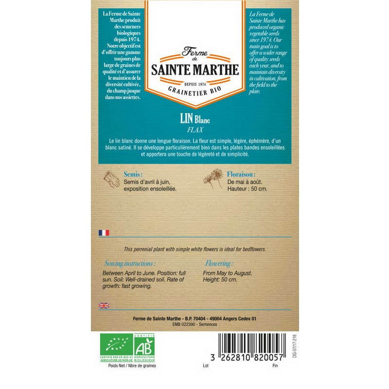 Semences bio - 82005--SACHET--LIN-Blanc--VERSO - Ferme de Sainte Marthe