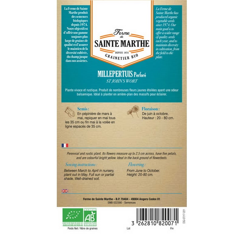 Semences bio - 82007--SACHET--MILLEPERTUIS-Perforé--VERSO - Ferme de Sainte Marthe