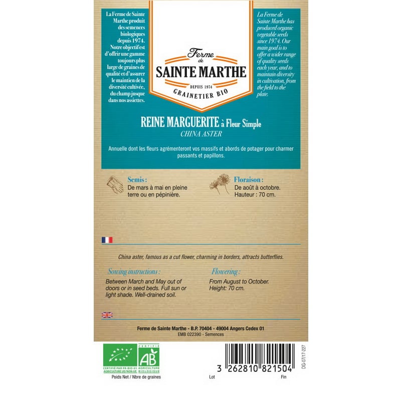 Semences bio - 82150--SACHET--REINE-MARGUERITE-à-Fleurs-Simples-Variées--VERSO - Ferme de Sainte Marthe