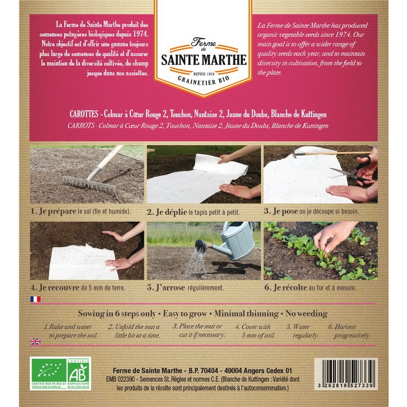 Semences bio - 952733--TAPIS--CAROTTES-5-rangs-de-5-variétés--VERSO - Ferme de Sainte Marthe