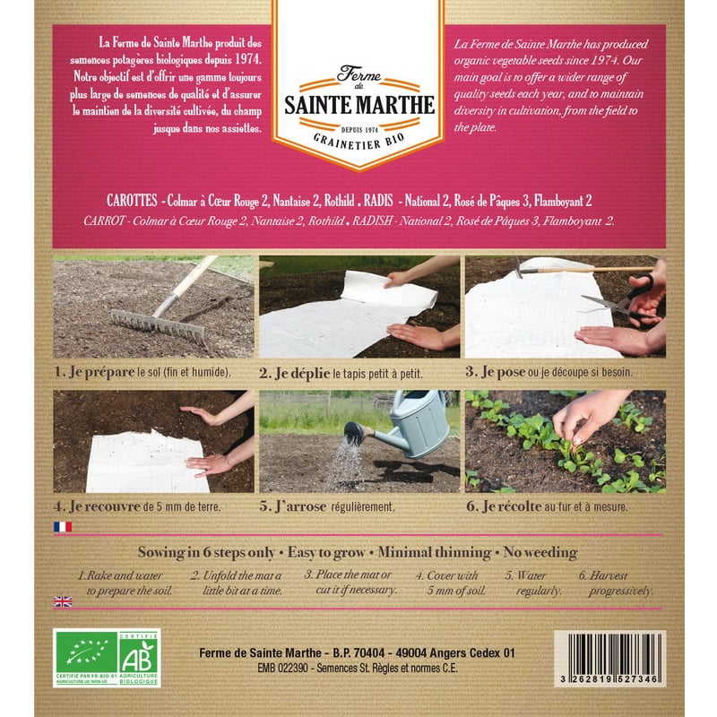Semences bio - 952734--TAPIS--CAROTTES-et-RADIS-6-rangs-de-6-variétés--VERSO - Ferme de Sainte Marthe