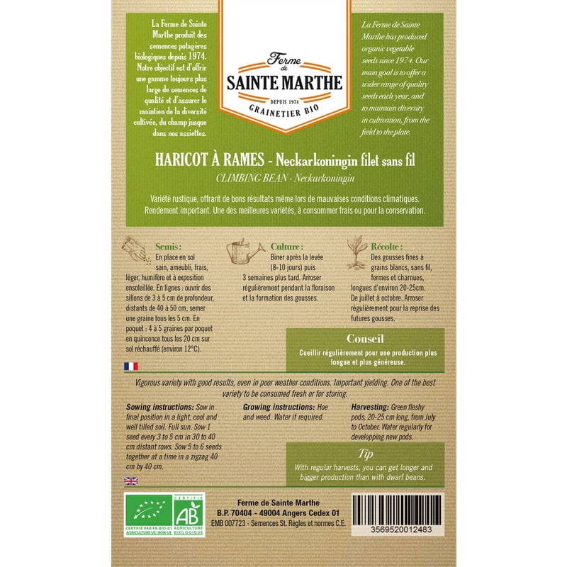 Semences bio - 954293 HARICOT à Rames Neckarkonigin Filet Sans Fil Mangetout AB v - Ferme de Sainte Marthe