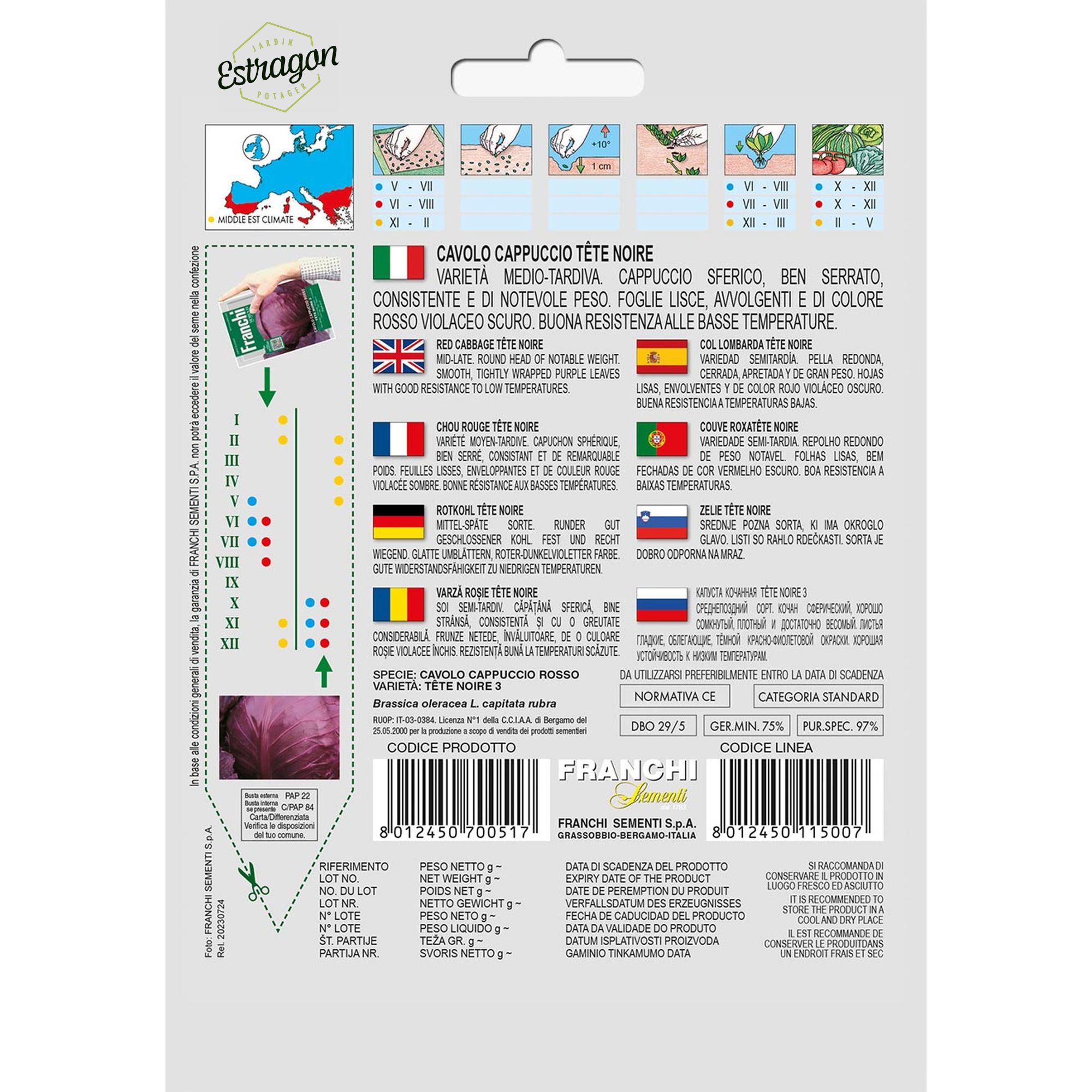 8012450700517 - DBO29-5 - Graines - Chou Rouge - Cavolo Cappuccio Rosso Cabeza Negra 3 - 8 gr - Franchi -V