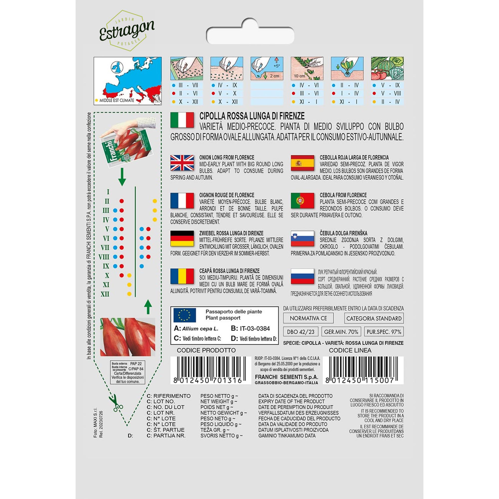 8012450701316 - DBO42-23 - Graines - Oignon allonge rouge de Florence - Cipolla rossa lunga di Firenze - 4 gr - Franchi -V