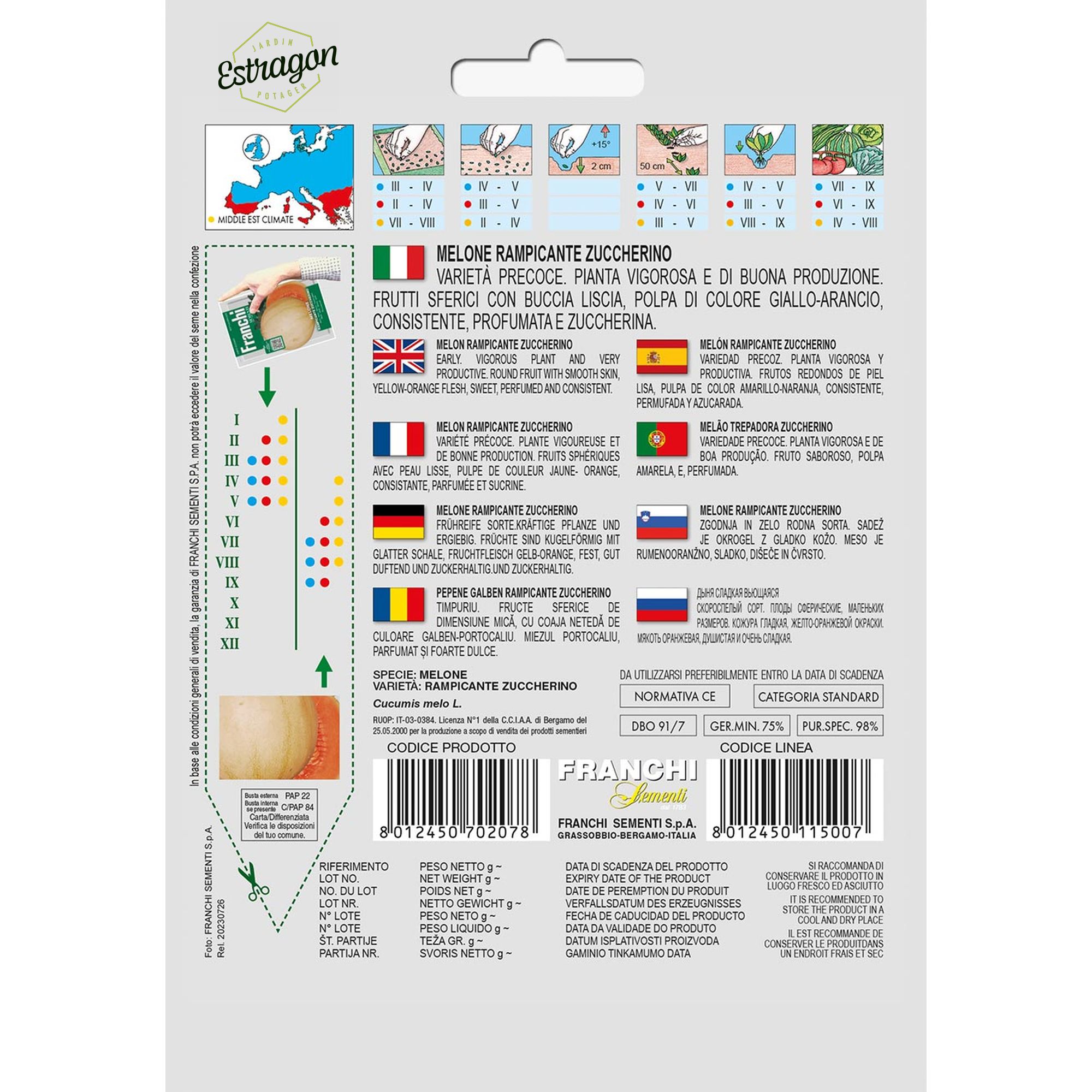 8012450702078 - DBO91-7 - Graines - Melon sucre rampant - Melone rampicante zuccherino - 3 gr - Franchi -V