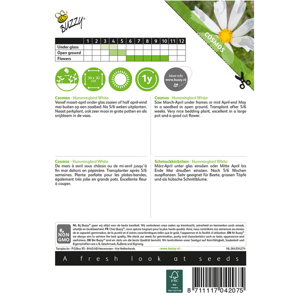 Sachet de graines Cosmos Hummingbird White Buzzy Seeds